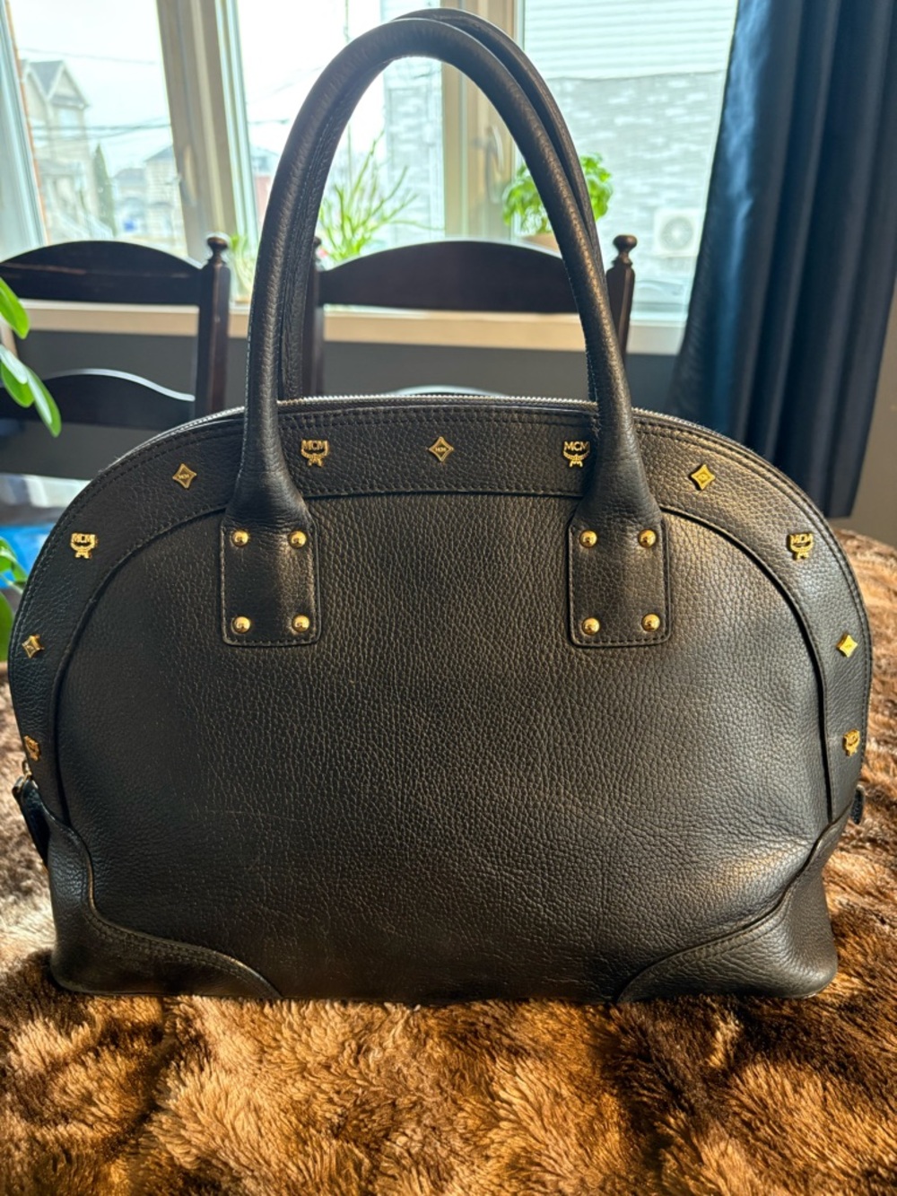 Authentic MCM Alma Black Leather Dome Satchel with Gold Stud Detailing